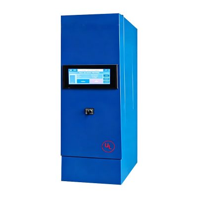 Active harmonic filter with a blue protective enclosure and digital display interface engineered for advanced power quality and harmonic mitigation