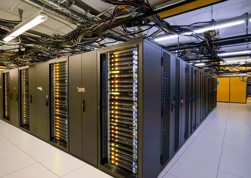 A modern data center server room with rows of blade servers, utilizing active harmonic filters to counteract extreme neutral line overloads and secure digital logic systems.