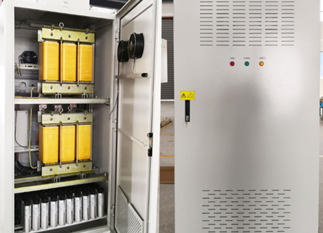 Internal and external views of an enclosed passive harmonic filter cabinet system.