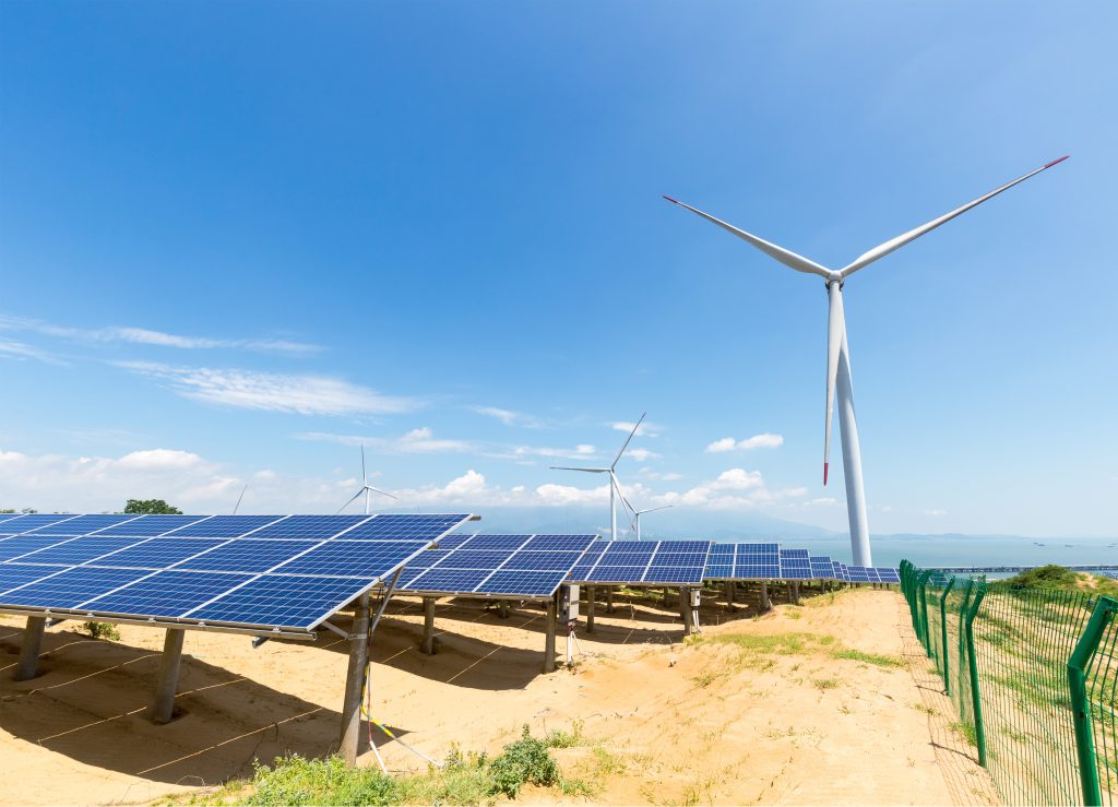 Large-scale solar and wind farm renewable energy application utilizing medium-voltage dry-type and neutral grounding transformers from LTECPower for grid stability