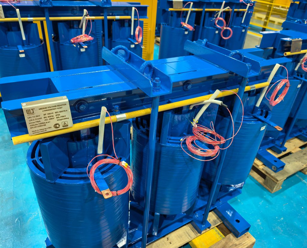 LTECPOWER detuned reactors in factory assembly area showing three phase reactor construction and manufacturing quality
