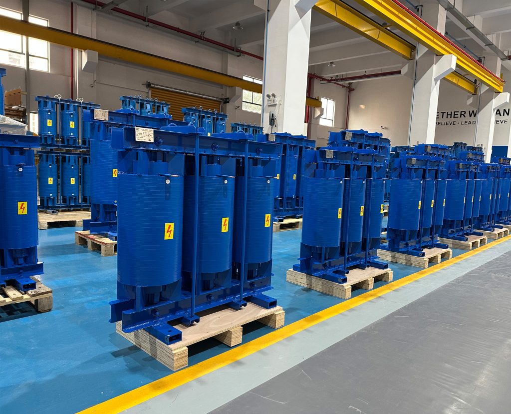 LTECPOWER detuned reactor factory production line showing multiple three phase reactors manufactured for industrial power systems