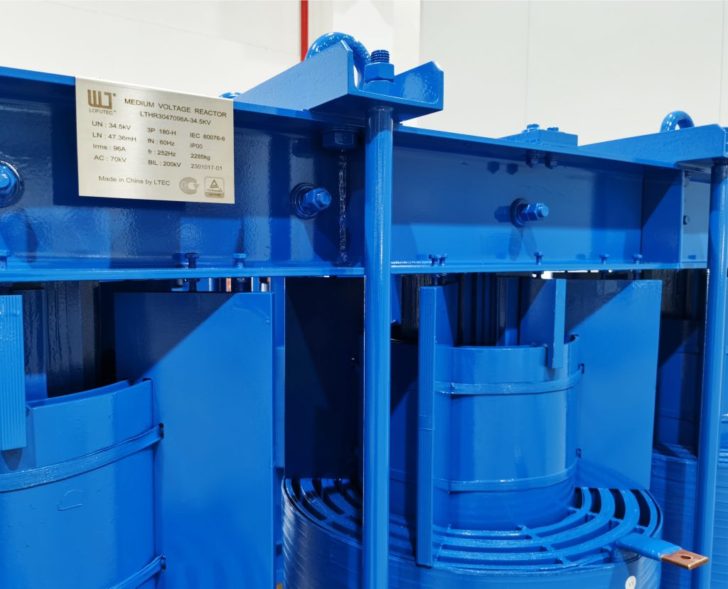 LTECPOWER medium voltage detuned reactor nameplate showing electrical specifications and product identification details