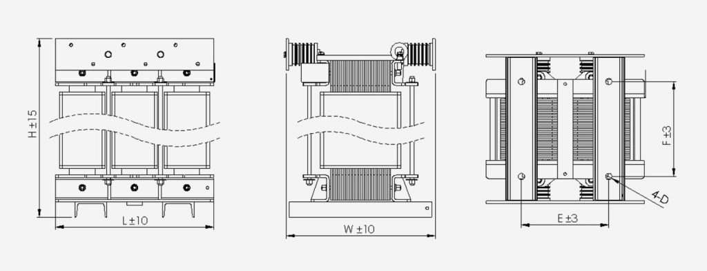 Technical dimension drawing of dry-type transformer showing structural layouts, height, length, and installation spacing engineered by LTECPower