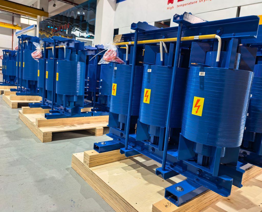 LTECPower filter reactor batch production display showing multiple industrial reactors manufactured for power quality applications