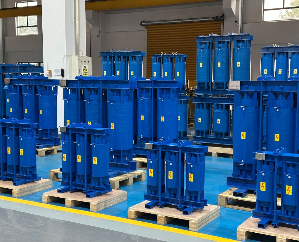 LTECPower filter reactor factory production display showing multiple models of harmonic filter reactors for power quality applications