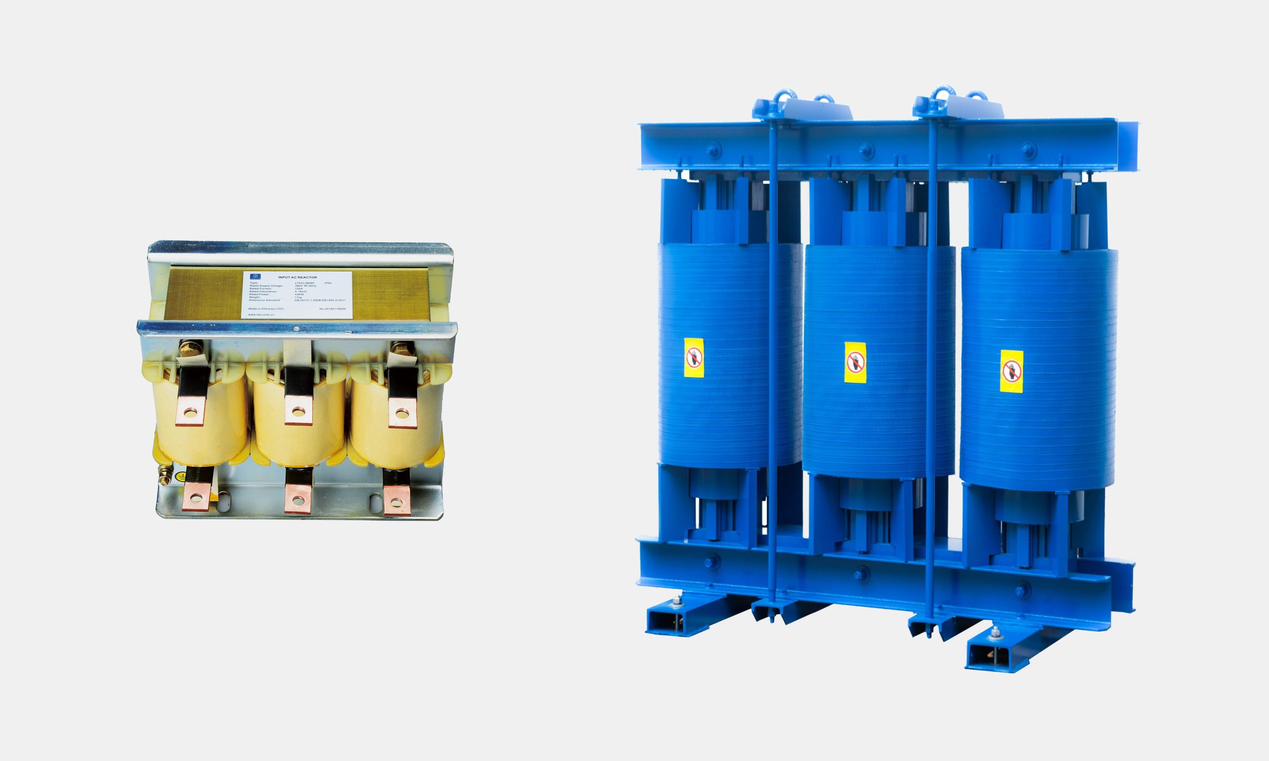 Side-by-side comparison between a standard input AC line reactor and a heavy-duty LTECPower harmonic filter reactor.
