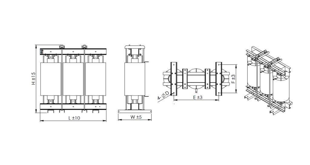 LTECPower filter reactor dimension drawing showing engineering dimensions and structural layout