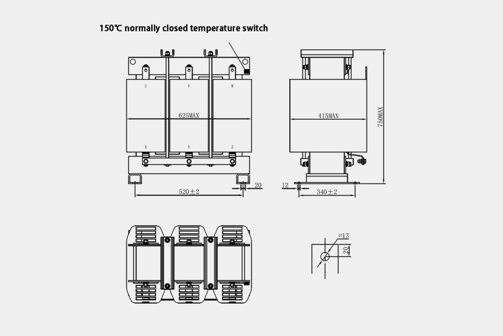 LTECPower shunt reactor dimension drawing showing engineering dimensions and technical specifications