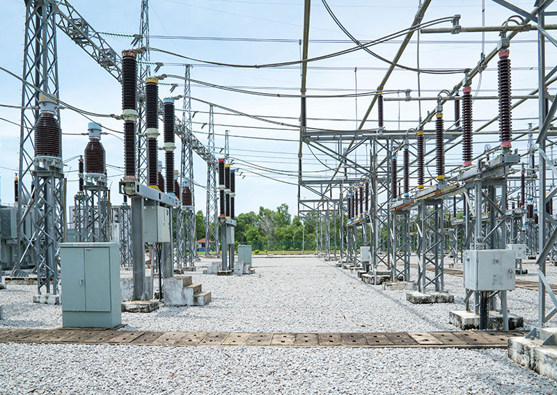 Outdoor power utility grid transformer station, optimized with active SVG to prevent voltage drops from heavy motor startups.