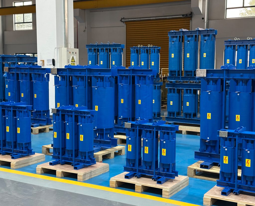 LTECPOWER detuned reactors displayed in factory with multiple finished three phase reactor units ready for delivery