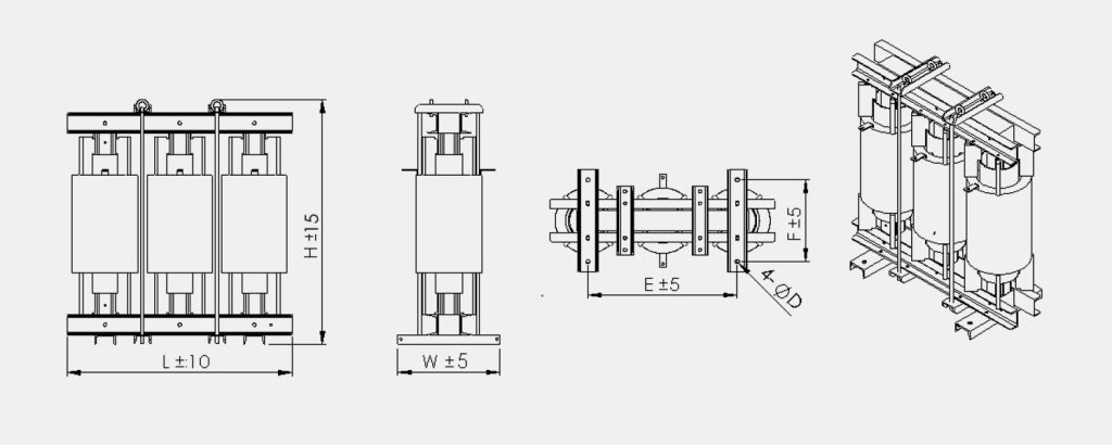 LTECPOWER three phase detuned reactor mechanical drawing showing dimensions and mounting structure