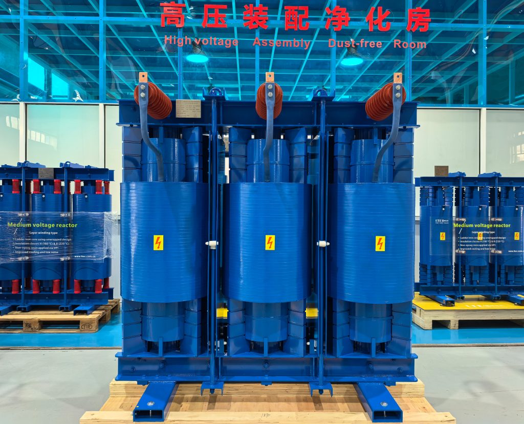 LTECPOWER medium voltage detuned reactor finished assembly displayed in high voltage testing and assembly room