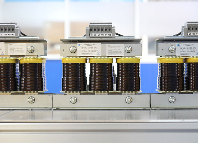 LTECPower low-voltage 415V sine wave filters aligned for switchgear panel integration and VFD motor protection.