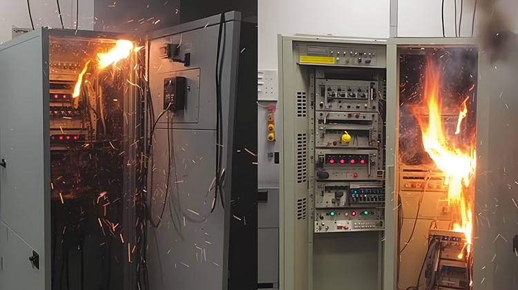 Severe electrical fire hazard and short circuit inside a power distribution cabinet caused by unmitigated harmonics.