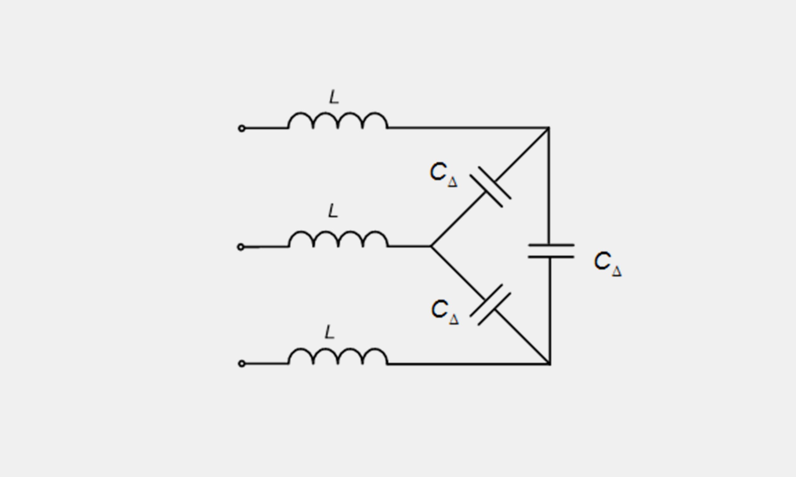 Circuit diagram showing three-phase filter reactors (L) connected in series with a delta-connected PFC capacitor bank (C_delta)