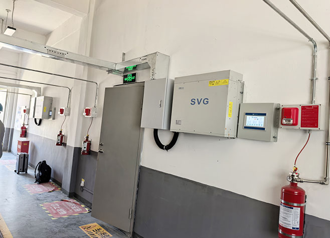 Wall-mounted active SVG Static Var Generator installed in a facility corridor, saving up to 70% of plant floor space.