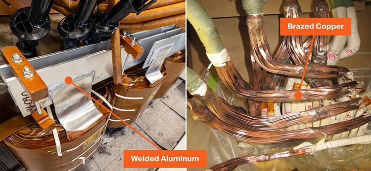 Side-by-side comparison of welded aluminum foil windings and brazed copper conductors for filter reactors.