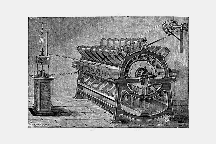 Historical illustration of 19th-century industrial electric generators and steam power systems.