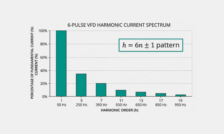 Bar chart showing the harmonic current spectrum of a 6-pulse VFD with dominant 5th, 7th, and 11th harmonic orders.
