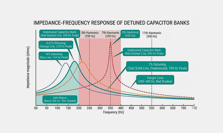 Impedance-frequency response curve of detuned capacitor banks showing resonance peaks for 7%, 14%, and 5.67% detuning factors.