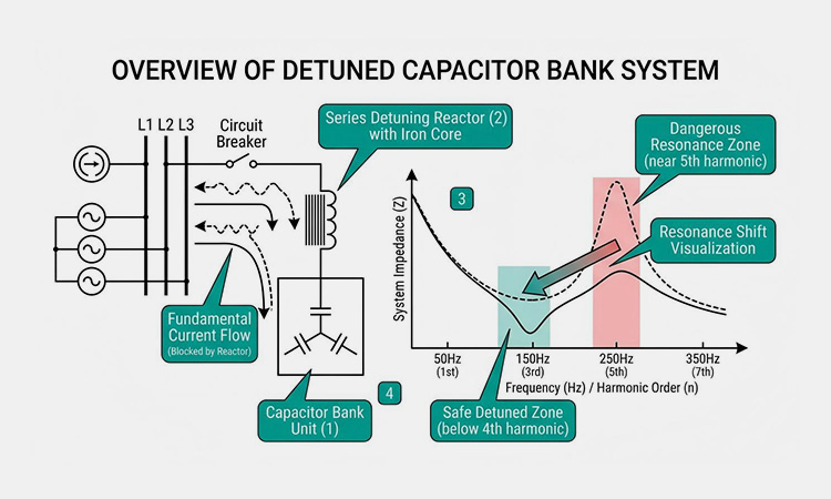 System diagram and impedance frequency curve illustrating how a detuned reactor shifts resonance away from the 5th harmonic dangerous zone.