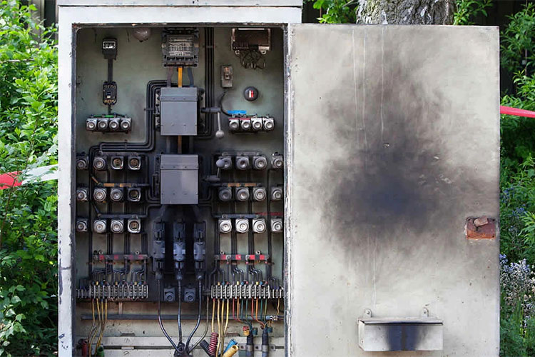 Damaged electrical control panel showing severe overheating and burn marks from electrical failure.