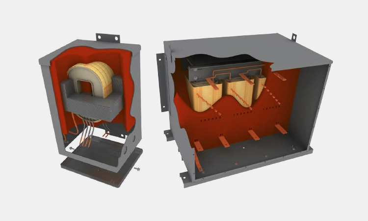 Epoxy encapsulated transformer module showing solid resin protection