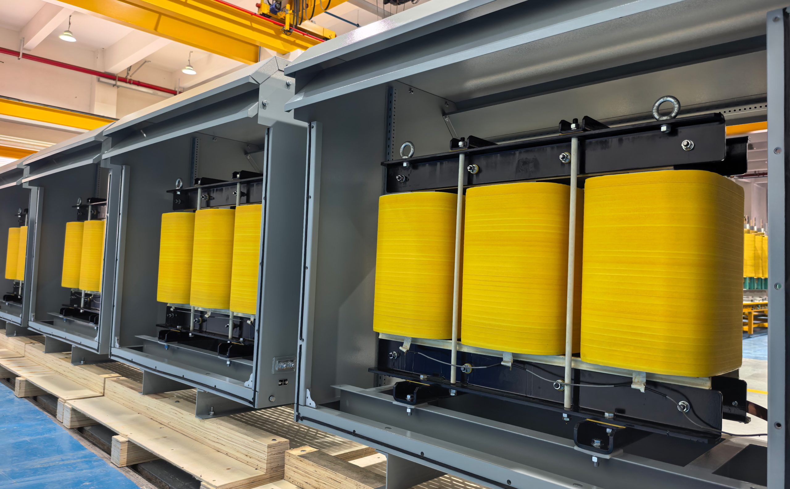 Internal coil structure of a heavy-duty dry-type transformer built for IBC compliance