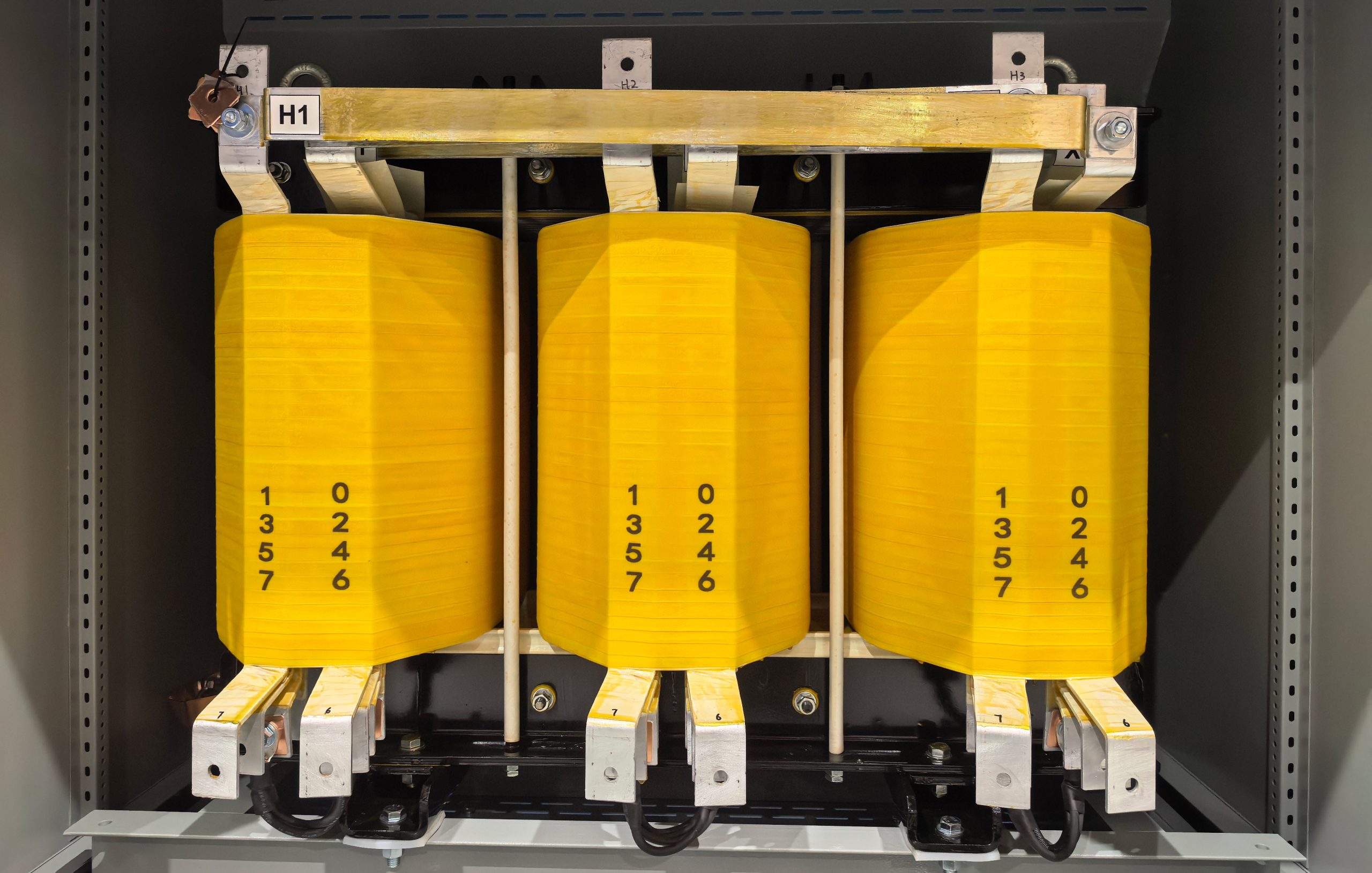 Internal coil structure of a heavy-duty dry-type transformer built for IBC compliance