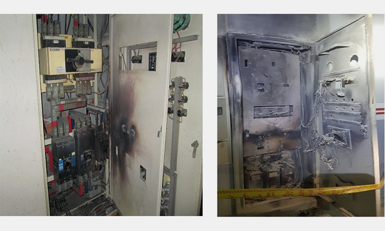 Damaged industrial electrical cabinet and capacitor bank caused by harmonic resonance and overvoltage.