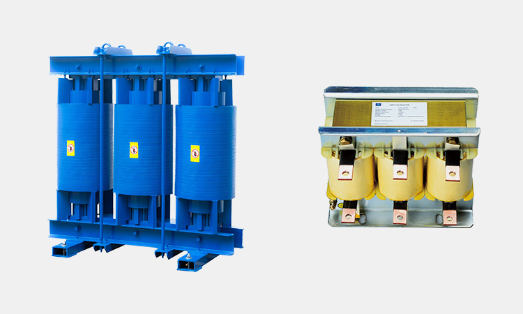 Side-by-side product comparison of an AC line reactor and a detuned filter reactor for industrial power quality applications.