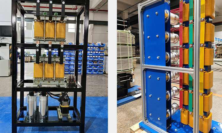 Multi-angle view of industrial detuned reactors and PFC capacitor assembly racks for harmonic mitigation.