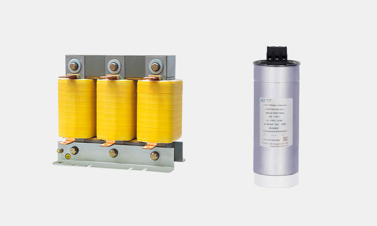 A three-phase iron-core detuned reactor paired with a low-voltage PFC capacitor for industrial harmonic protection.