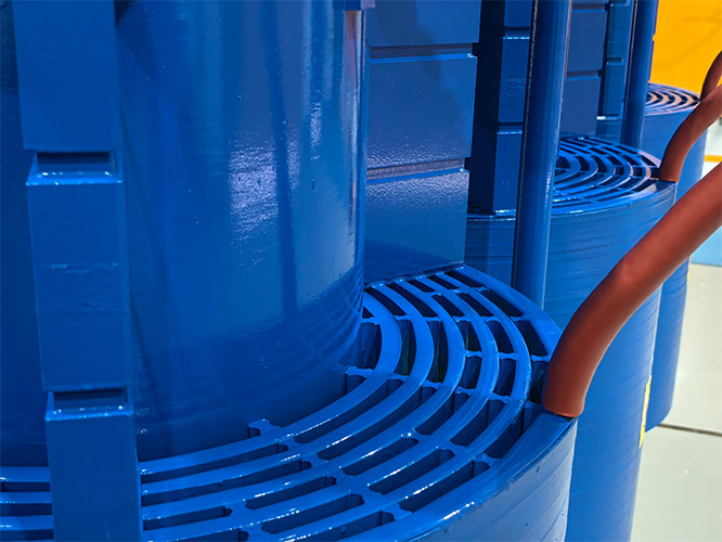 Close-up of ltecpower harmonic filter reactor showing high-linearity iron core air gaps and cooling channels for inductance stability under current surges.