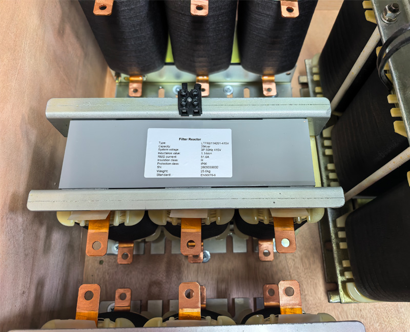 ltecpower 25kvar 415V low voltage harmonic filter reactor nameplate and copper terminal details in wooden crate