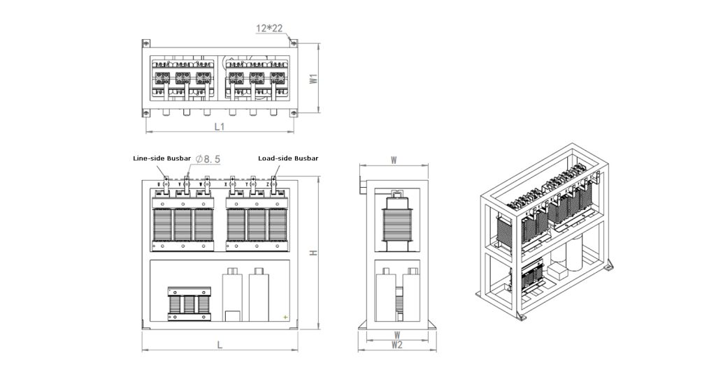 Mechanical dimensional drawing of ltecpower VFD harmonic filter showing line-side and load-side busbars