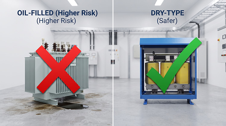 Oil-filled vs dry-type transformer fire safety comparison