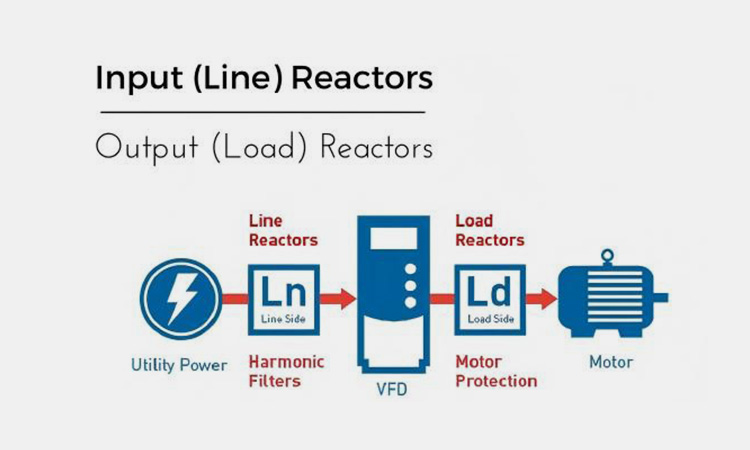 System connection diagram showing the placement of input line reactors and output load reactors in a VFD system between utility power and motor.