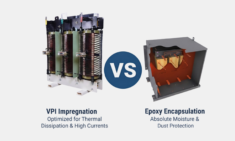Comparison between LTECPower VPI impregnation transformer and epoxy encapsulation showing thermal efficiency and environmental protection