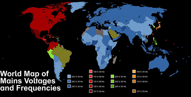 World map showing global distribution of electrical mains voltages and frequencies.