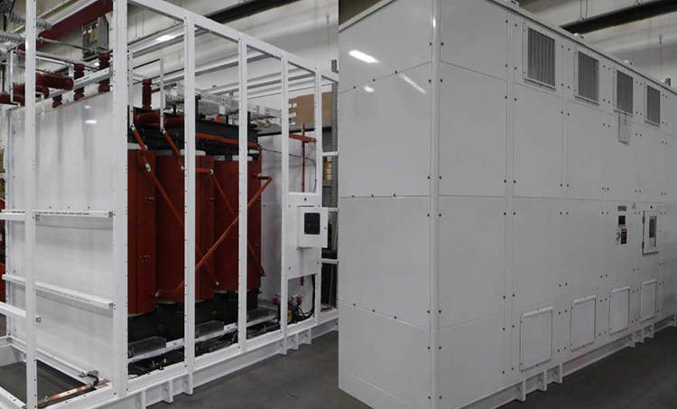 Dry-type transformer inside a protective enclosure ready for delivery and on-site installation