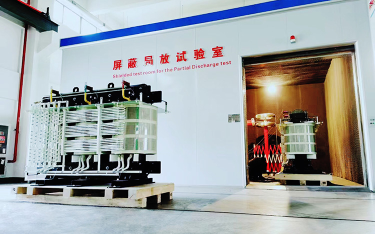 LTECPower dry-type transformer under inspection outside a shielded partial discharge test