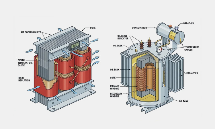 Internal structural and insulation comparison diagram of dry-type and oil-filled transformers.