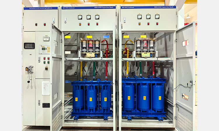 600 kVAR and 900 kVAR industrial power capacitor bank and reactor cabinets manufactured by LTECPower