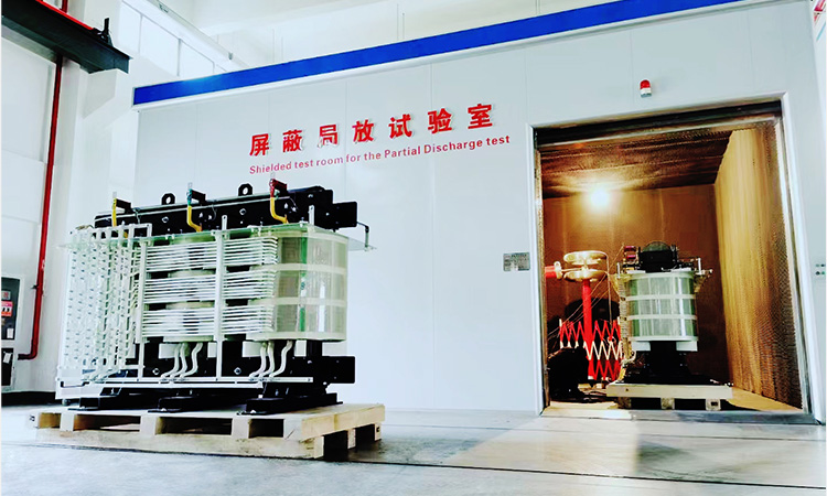 Industrial transformer undergoing partial discharge testing in a certified shielded laboratory at LTECPower