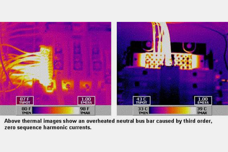Thermal infrared images showing overheated neutral bus bars caused by harmonic currents