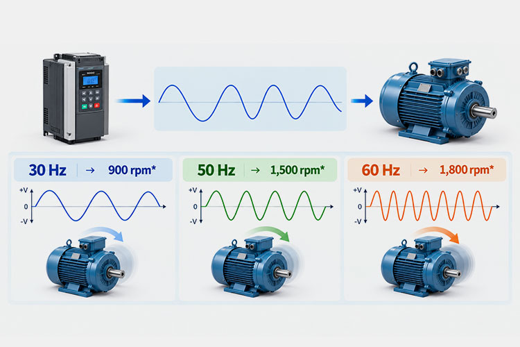Diagram illustrating how changing the VFD fundamental frequency affects motor operating speed and output waveform.