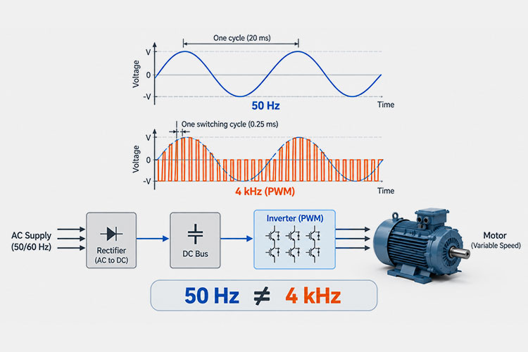 Comparison diagram showing VFD 50 Hz fundamental frequency and 4 kHz PWM switching frequency waveform alongside the drive-to-motor power path.