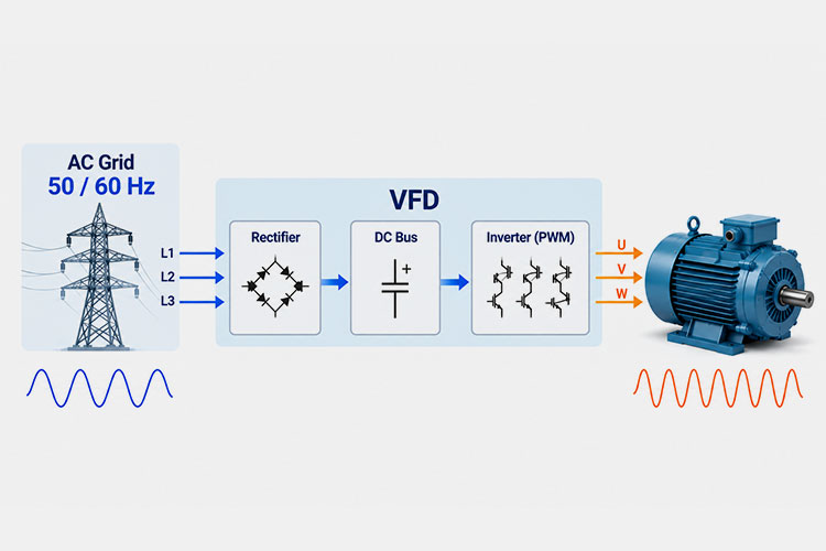 Power path diagram showing how a VFD decouples fixed AC grid frequency from variable motor output frequency via rectifier and DC bus.
